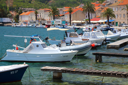 VIS, CROATIA - JUNE 22, 2021: Local harbor in the old town of Vis. Croatia had 18.4 million tourist visitors in 2018.のeditorial素材