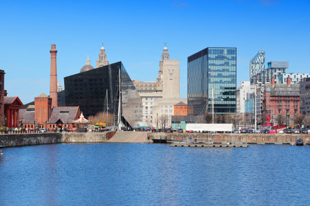 Liverpool city skyline seen from Salthouse Dock. Liverpool UK.のeditorial素材