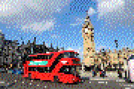 Pixel art 8-bit style graphics. London street view - double decker bus and Big Ben.