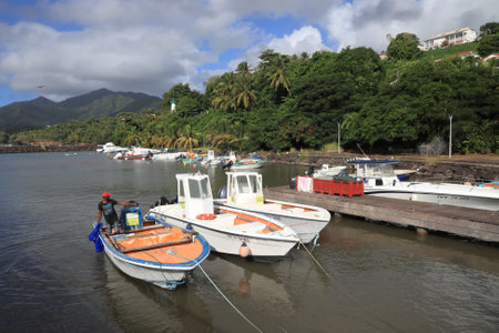 GUADELOUPE, FRANCE - DECEMBER 5, 2019: Harbor boats in Trois Rivieres, Guadeloupe islands. Guadeloupe has 650,000 annual visitors.のeditorial素材