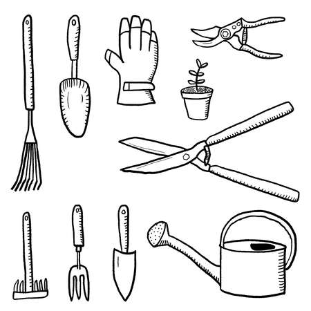 Gardening tools doodle style illustration. Garden hobby equipment isolated vector objects.のイラスト素材