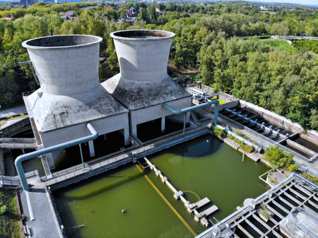 Bochum city, Germany. Industrial heritage of Ruhr region. Former power plant drone view.のeditorial素材