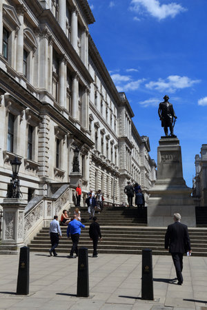 LONDON, UK - JULY 6, 2016: People visit Her Majesty's Treasury in London, UK. London is the most populous city in the UK with 13 million people living in its metro area.のeditorial素材