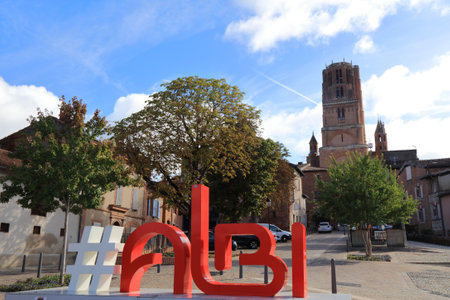 ALBI, FRANCE - SEPTEMBER 29, 2021: Street view of Albi in Tarn department of France. Hashtag Albi tourist attraction sign.のeditorial素材