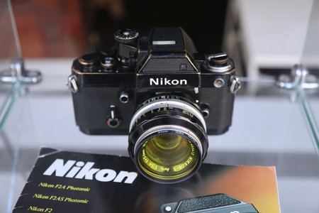 MULHEIM A.D. RUHR, GERMANY - SEPTEMBER 21, 2020: Nikon F2 vintage rangefinder camera at antique shop window display in Muelheim An Der Ruhr, Germany.のeditorial素材