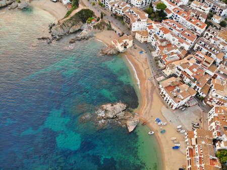 Calella de Palafrugell fishing harbor beach aerial view in Spain. Town in Baix Emporda county of Catalonia, Spain.の写真素材