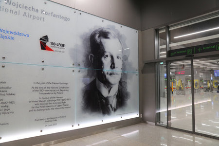 KATOWICE, POLAND - OCTOBER 8, 2021: New patron Wojciech Korfanty in Katowice Airport in Poland. Katowice is the 4th busiest airport in Poland.のeditorial素材
