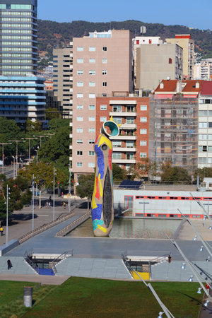 BARCELONA, SPAIN - OCTOBER 8, 2021: Barcelona cityscape with Parc de Joan Miro. It features famous public space sculpture Dona i Ocell by artist Joan Miro, installed in 1983.のeditorial素材