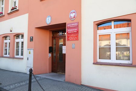 MIKOLOW, POLAND - SEPTEMBER 5, 2021: Town Hall building (Polish: Urzad Miasta) in Mikolow city, Poland.のeditorial素材