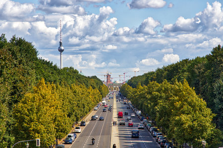 Berlin city, Germany. Street view with Tiergarten park and the TV tower.のeditorial素材