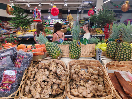 GUADELOUPE, FRANCE - DECEMBER 5, 2019: Fruit and vegetable aisle of a grocery store on Guadeloupe island in Lesser Antilles archipelago of the Caribbean.のeditorial素材