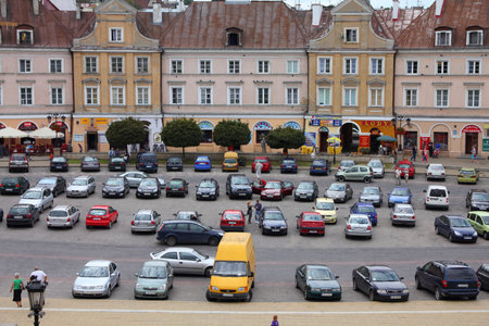 LUBLIN, POLAND - AUGUST 10, 2011: Parking in Lublin, Poland. Lublin is the 9th largest city in Poland.のeditorial素材