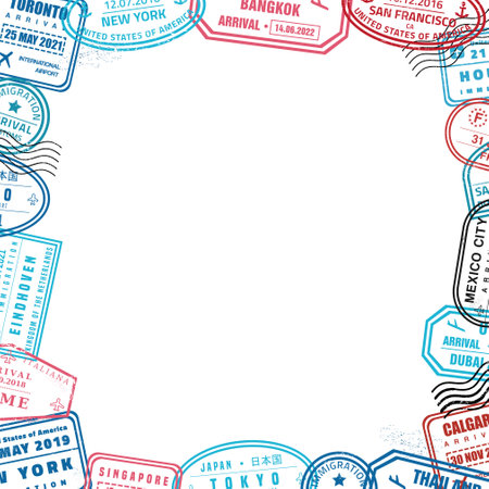 Passport stamps border. Vector colorful travel stamp frame with copyspace in the middle.のイラスト素材
