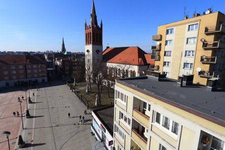 BYTOM, POLAND - MARCH 8, 2015: People visit Rynek square in historic city of Bytom, Slaskie region in Poland.のeditorial素材