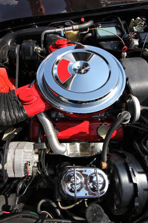 Oldtimer American car engine. V-8 gasoline powered engine.