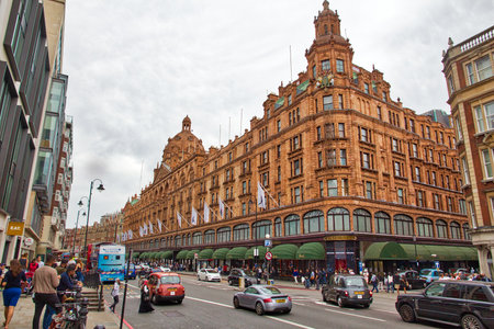 LONDON, UK - JULY 9, 2016: Harrods department store in London. The famous retail establishment is located on Brompton Road in Knightsbridge district.のeditorial素材