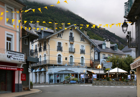 LUZ-SAINT-SAVEUR, FRANCE - SEPTEMBER 27, 2021: Street view of downtown Luz-Saint-Saveur in France. It is a popular tourism destination of Hautes-Pyrenees department.のeditorial素材