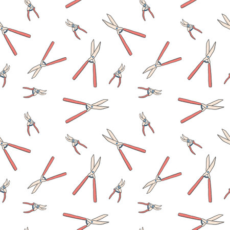 Gardening shears seamless pattern. Hedge shears and pruning shears. Garden tools vector background. Seamless fashion print texture.のイラスト素材