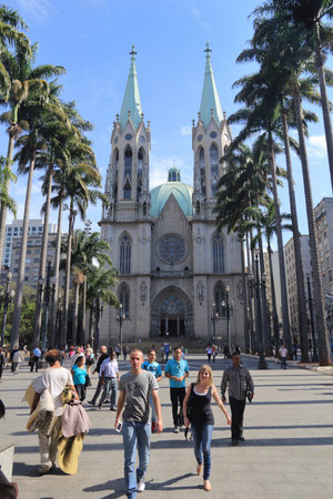 SAO PAULO, BRAZIL - OCTOBER 6, 2014: People visit Se Cathedral in downtown Sao Paulo. With 22 million people Sao Paulo metropolitan area is the 8th most populous in the world.のeditorial素材