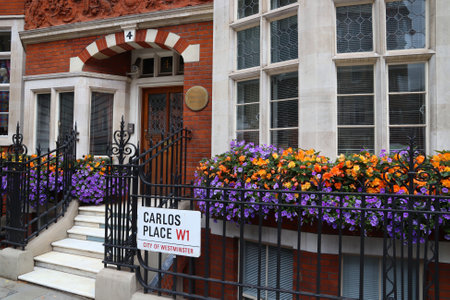 LONDON, UK - JULY 15, 2019: Carlos Place street view in Mayfair district of London UK. London is the most populous city and metropolitan area in the UK with 9,787,426 people in 2011.のeditorial素材
