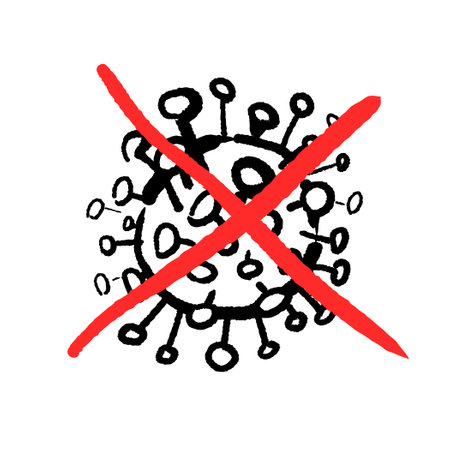 Coronavirus crossed or banned sketch art. Simple coronavirus hand drawn virus doodle.のイラスト素材