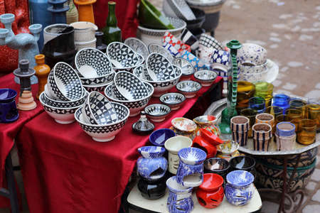 Marrakech street market artisanal products in Morocco. Moroccan handicraft ceramics in the souk.の写真素材