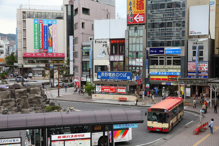 NAGANO, JAPAN - MAY 1, 2012: Bus stop next to Nagano Station in Japan. The city is the capital and largest city of Nagano Prefecture.のeditorial素材