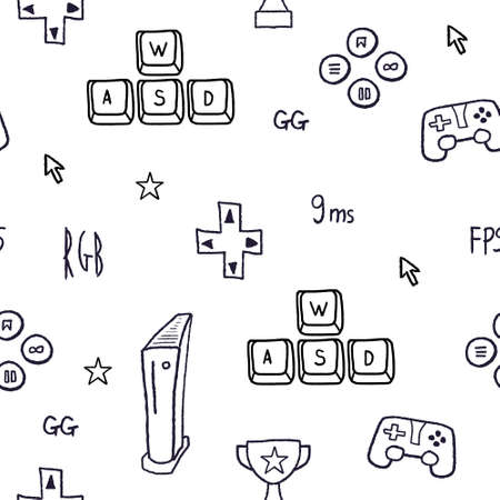 Video game seamless pattern. Gaming concept vector illustration. Gamer doodle with WASD keys and gaming equipment.のイラスト素材