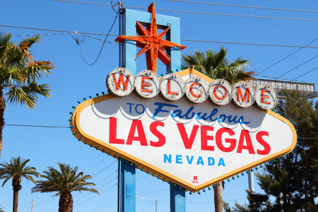 LAS VEGAS, USA - APRIL 14, 2014: Welcome to Fabulous Las Vegas Nevada, the famous sign in Las Vegas. The sign is on National Register of Historic Places.のeditorial素材