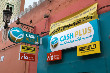 MARRAKECH, MOROCCO - FEBRUARY 20, 2022: Cash Plus international money transfer service point in Marrakech city, Morocco. 5 million Moroccans live abroad and send money home.のeditorial素材