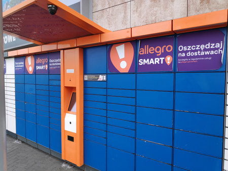 KATOWICE, POLAND - JULY 9, 2022: Parcel locker machine Paczkomat in Poland. Paczkomat machines were popularized by company InPost in Poland.のeditorial素材