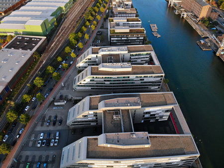 Duisburg city in Germany. Inner Harbor (Innenhafen).のeditorial素材