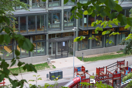 STOCKHOLM, SWEDEN - AUGUST 22, 2018: Norrmalm district Stockholm School of Economics (Handelshogskolan) university building in Sweden.のeditorial素材