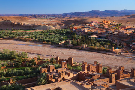 Ait Benhaddou, landmark of Morocco. Historic ksar town on a caravan route. UNESCO World Heritage Site. Clay architecture in river valley.のeditorial素材