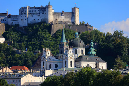 Salzburg, Austria. City view with Hohensalzburg Fortress and Kollegienkirche church.のeditorial素材