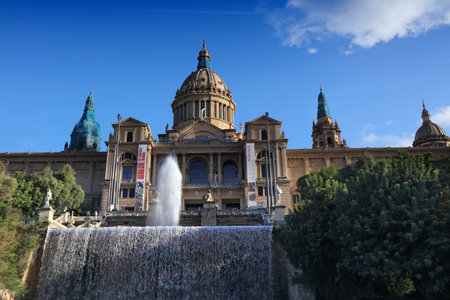 BARCELONA, SPAIN - OCTOBER 6, 2021: People visit Palau Nacional (National Palace) on Montjuic hill in Barcelona, Spain.のeditorial素材