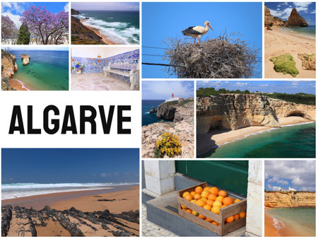 Algarve, Portugal photo collage. Landmark travel photos postcard from Algarve.の写真素材