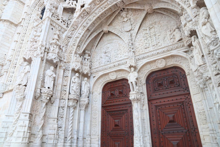 Jeronimos Monastery or Hieronymites Monastery in Belem district of Lisbon, Portugal. Gothic manueline style ornate stonework.の写真素材