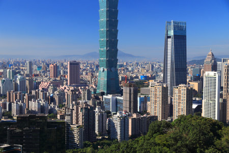 Taipei City urban skyline seen from Elephant Mountain. Taipei, Taiwan.