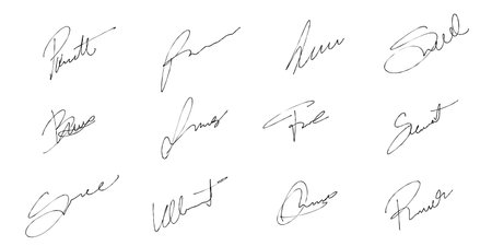 Handwriting signature set. Vector pack with isolated imaginary personal handwriting scribble business signatures.のイラスト素材