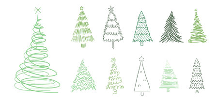 Christmas tree hand drawn doodle illustration set. Weird, bizarre and original Christmas tree drawing collection.のイラスト素材