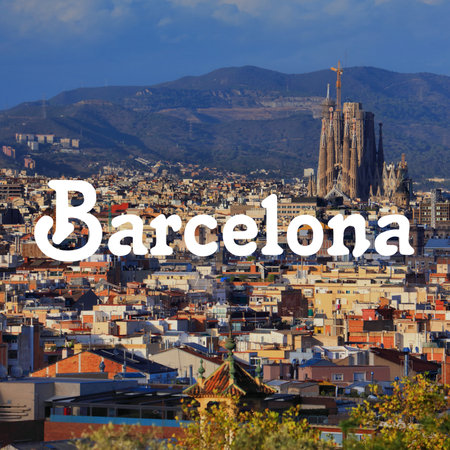 Barcelona, Spain. City name modern photo postcard. Travel destination text word title card.の写真素材