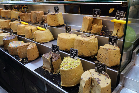 JERUSALEM, ISRAEL - OCTOBER 28, 2022: Choice of halvah (or halva) flavors at Mahane Yehuda Market...