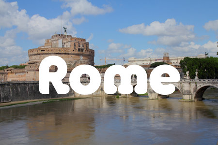 Rome, Italy. City name modern photo postcard. Travel destination text word title card.の写真素材