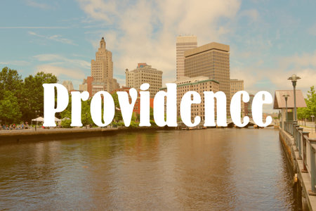 Providence, Rhode Island. City name modern photo postcard. Travel destination text word title card.の写真素材