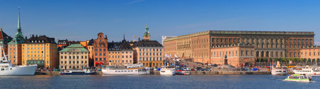 Panorama of Stockholm city, Sweden. Gamla Stan waterfront (the Old Town) in Stockholm.のeditorial素材