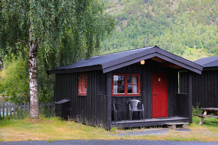 Norway generic camping cottage (hytte). Wooden cabin at a campsite in Jotunheimen mountains.のeditorial素材
