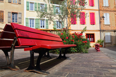 Square in Lombez town of Gers department, France. Small French town.の写真素材