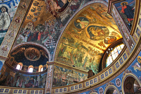 SIBIU, ROMANIA - AUGUST 24, 2012: Interior of Holy Trinity Orthodox Cathedral in Sibiu, Romania. Sibiu is a major tourism destination in Transylvania.のeditorial素材