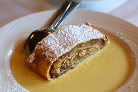 Austrian cuisine. Apple strudel (Apfelstrudel) with vanilla sauce. Viennese pastry dessert.の写真素材